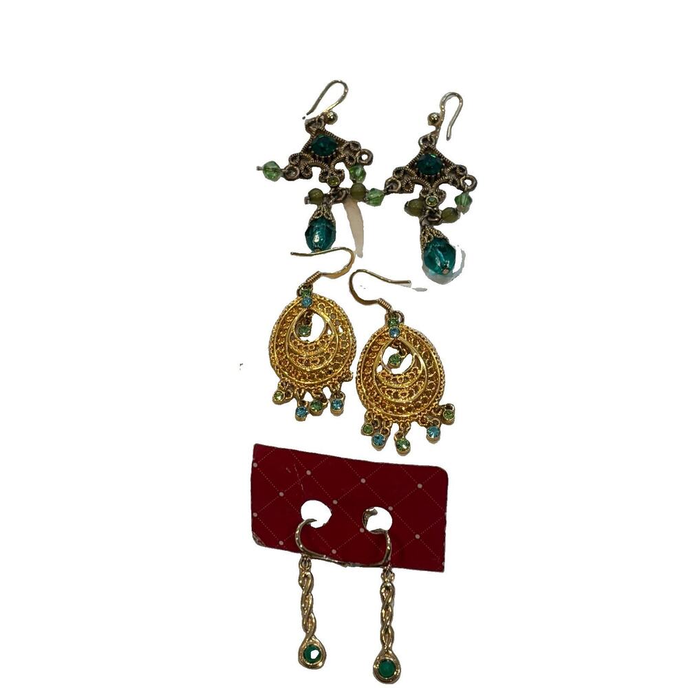 Lot of 3 Vintage Gold Tone Filigree Dangle Earrings Ornate Green Crystals